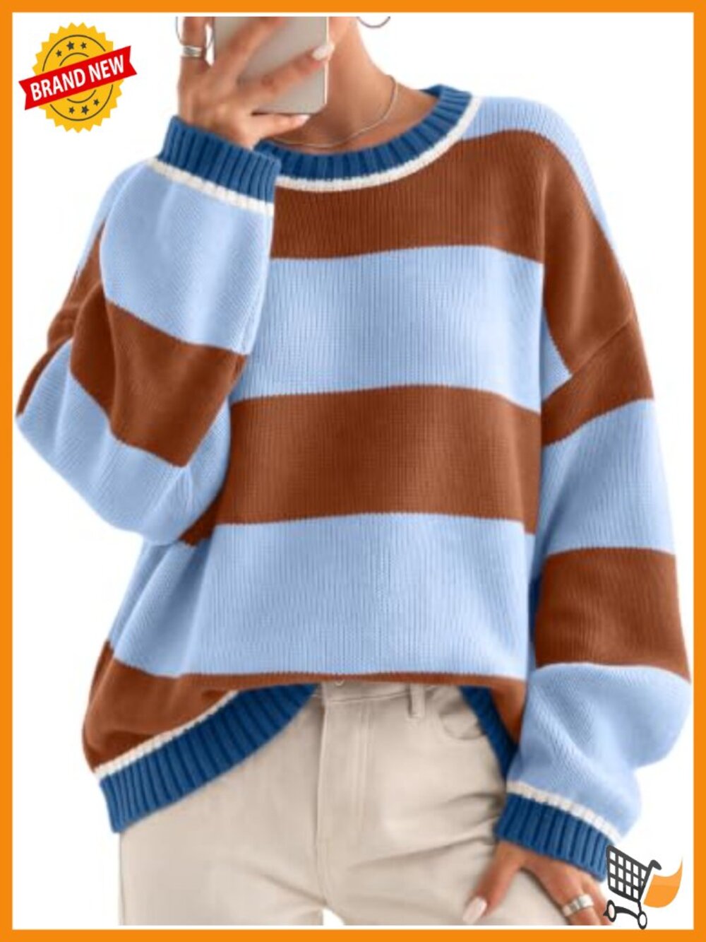 Oversized Striped Crewneck Sweater Cotton Acrylic Knit Pullover